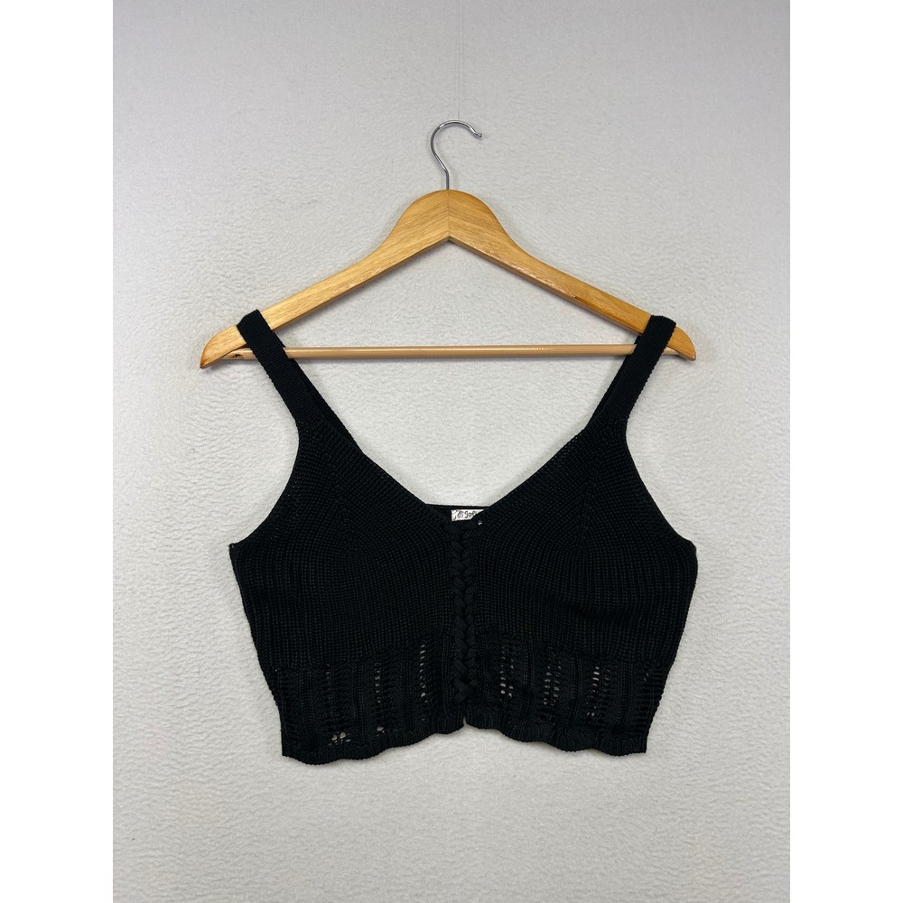 Boho Jolie & Joy Womens Large Black Braided Knit Cropped Tank Top Festival Goth